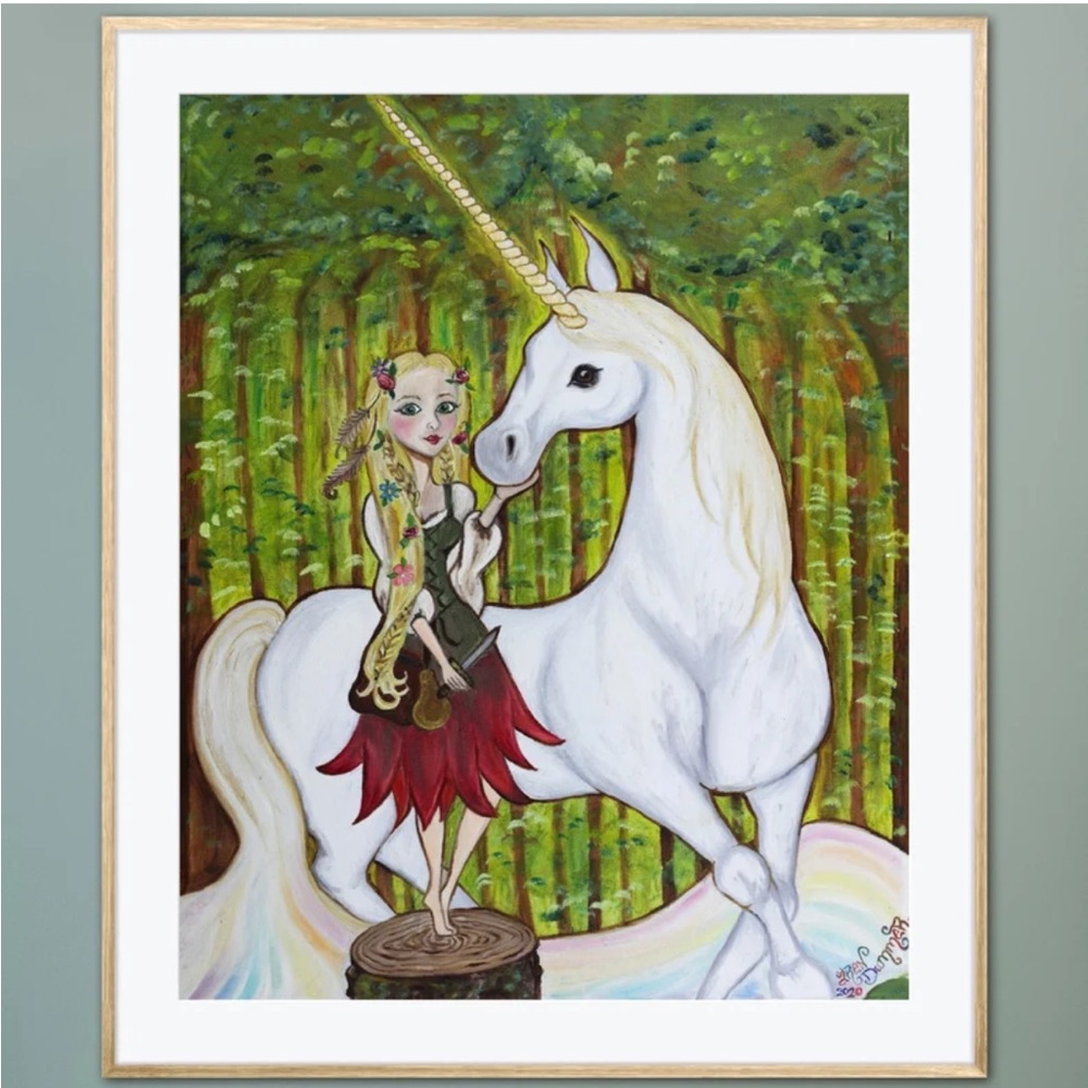 Unicorn Fern Forest Encounter Art Print Oil Painting Book Illustration Fantasy